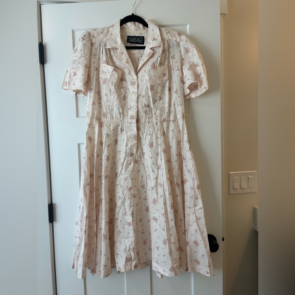 Vintage 80’s Sansage Fit And Flare Pastel Floral Cuffed Sleeve Dress Size 16 L